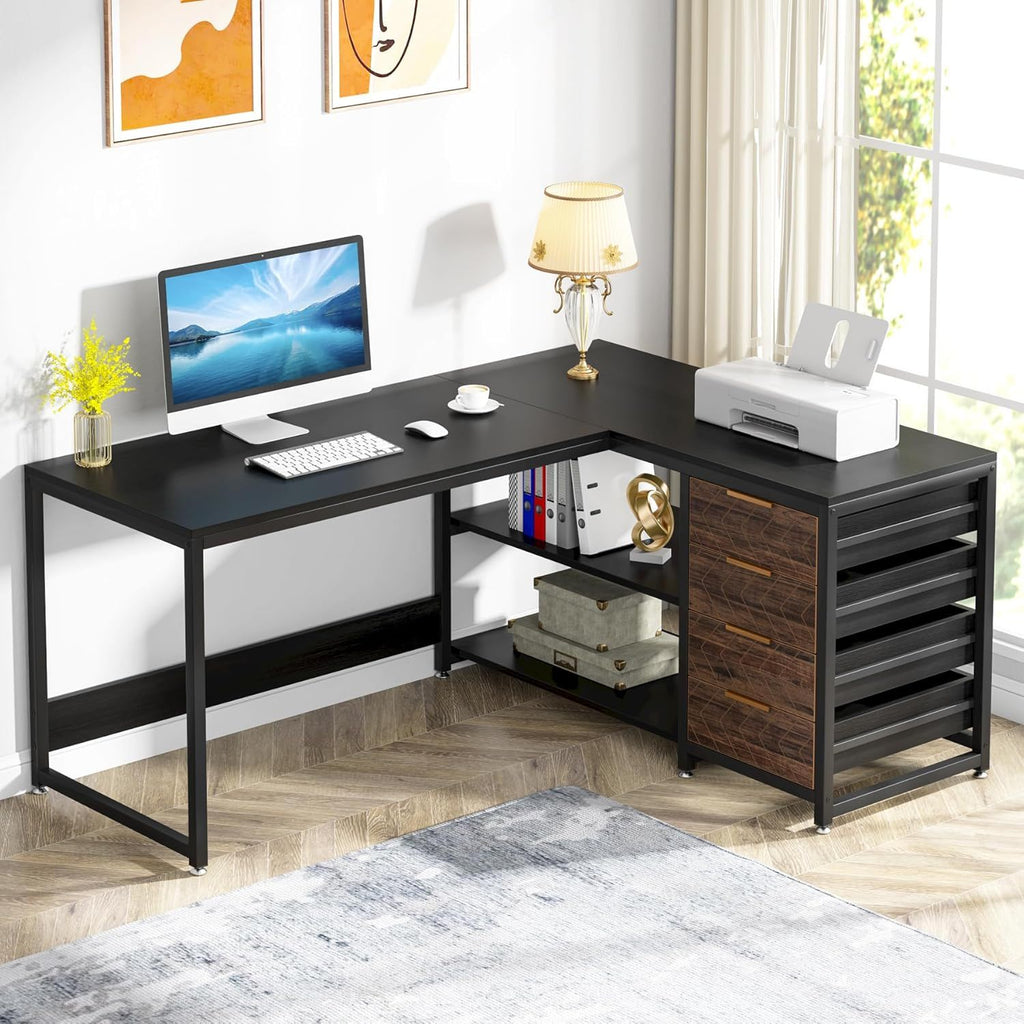 L-Shaped Computer Desk with Drawers and Shelves - Black or Dark Brown