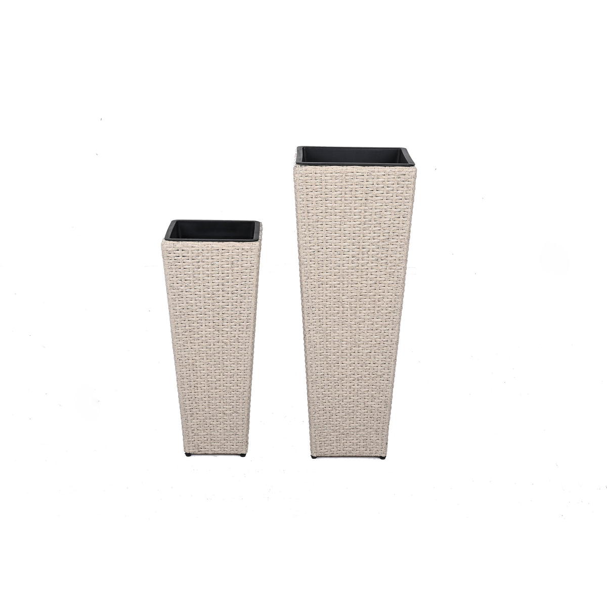 Beige PE Wicker Planters Set with Iron Frame, 2-Piece - Outdoor Flower Pots
