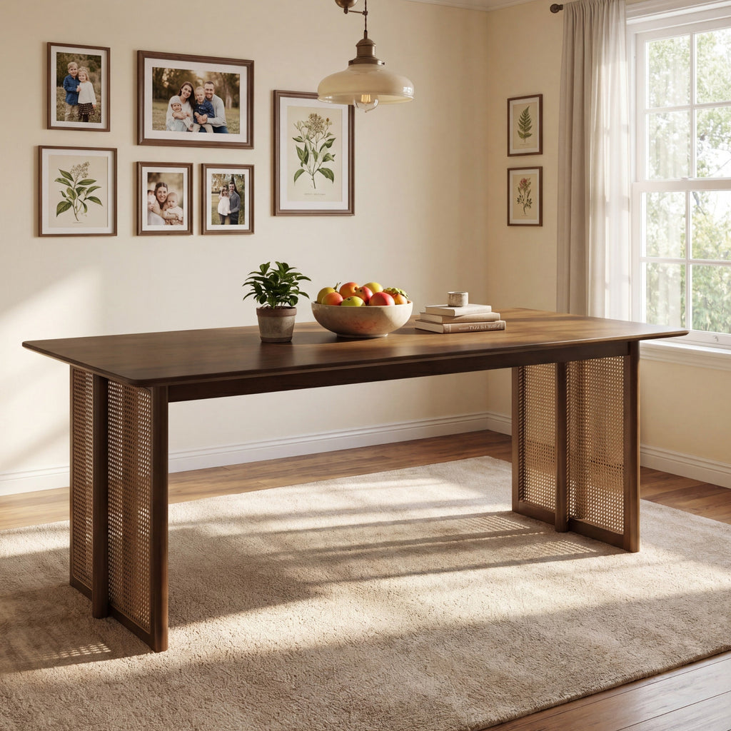 Walnut Rubber Wood Dining Table with Rattan Accents - 70.87"L