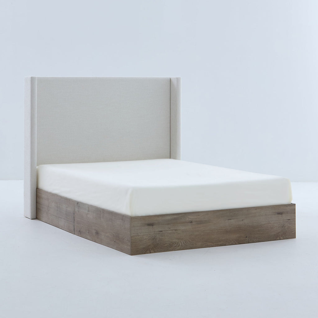 Queen Upholstered Wingback Bed with 54" High Headboard - Ivory / Light Gray / Camel Oak