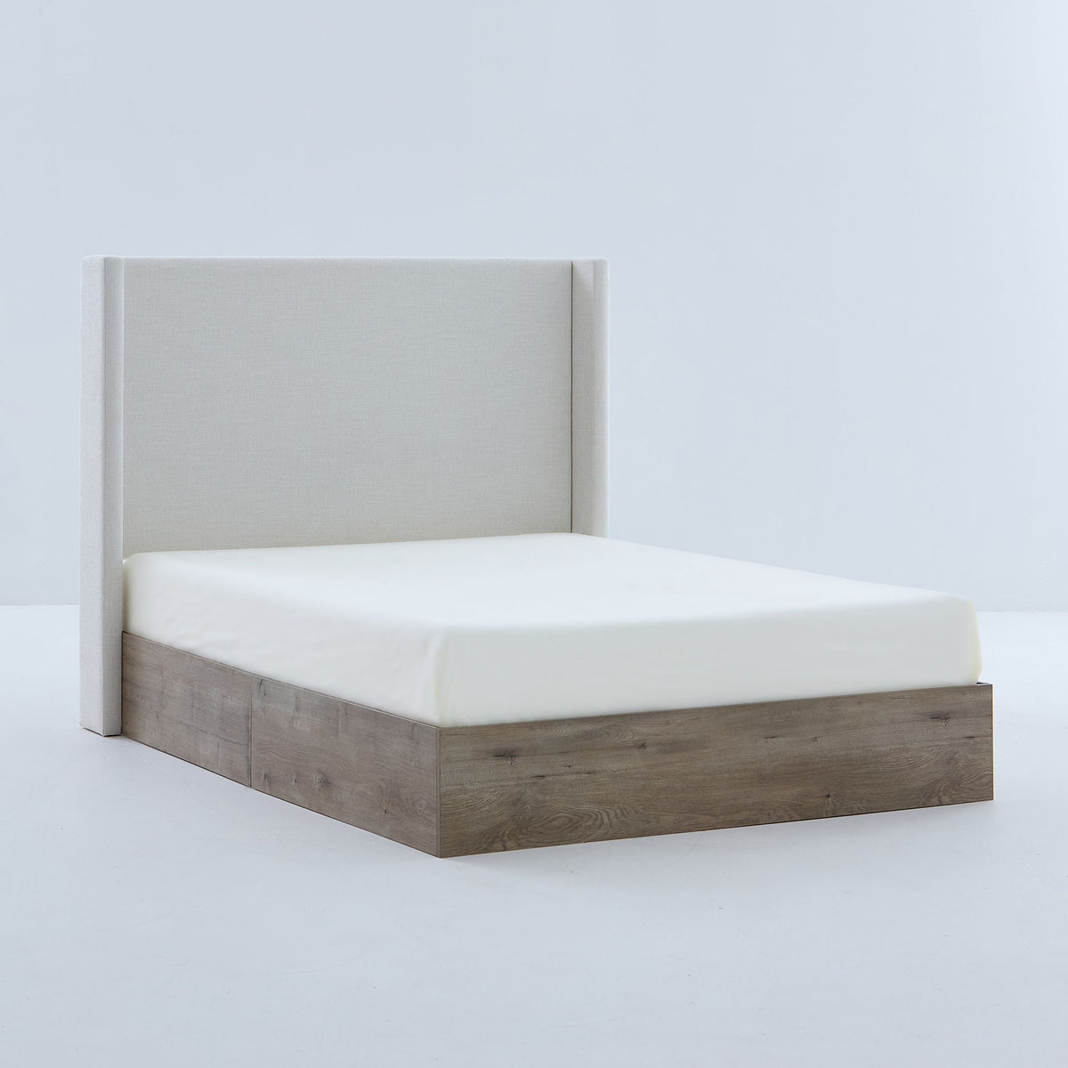Queen Upholstered Wingback Bed with 54" High Headboard - Ivory / Light Gray / Camel Oak