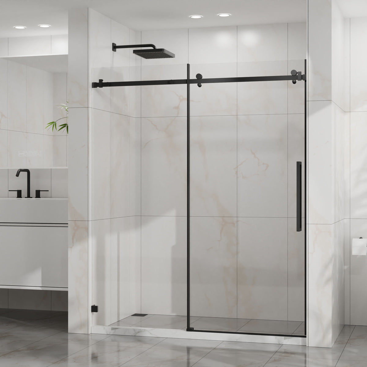Frameless Tub Sliding Shower Door with Easy Clean Coating - Black or Pearl Silver