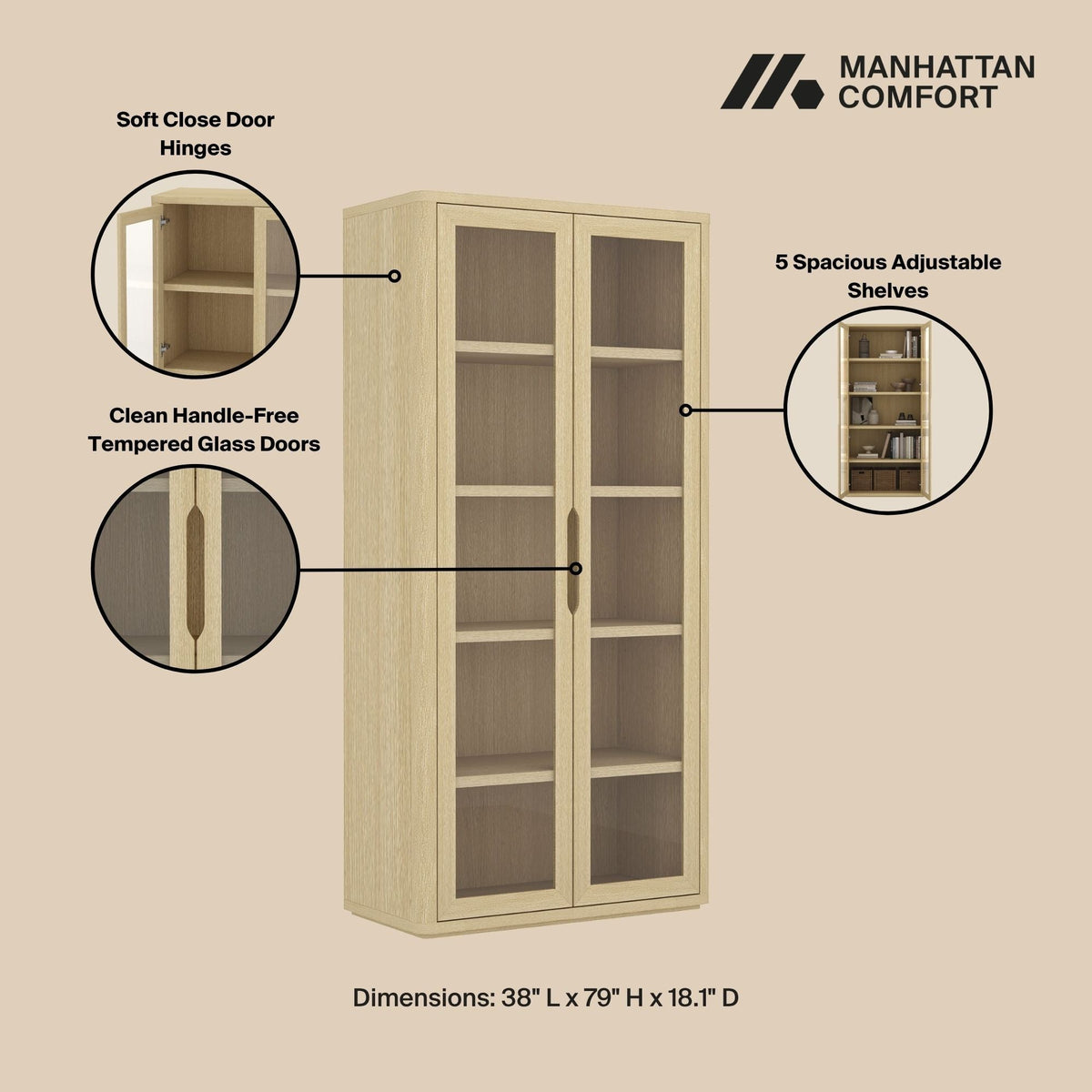 Bookcase Cabinet with Glass Doors and Adjustable Shelves - Light Brown, Dark Brown, Black