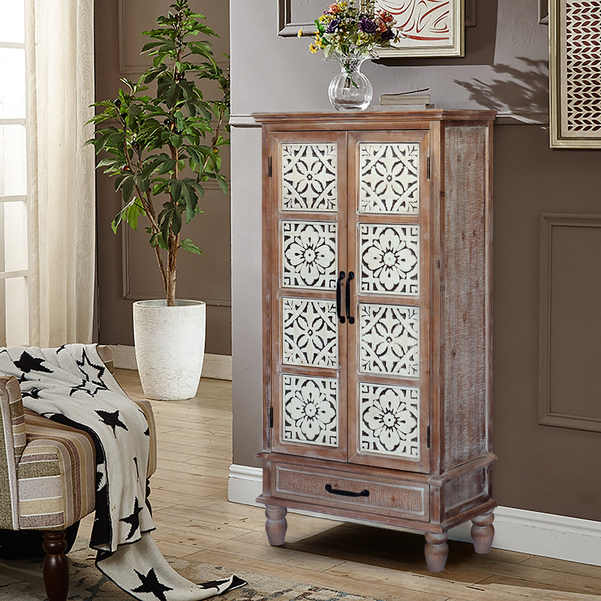 Tall Tower Storage Cabinet with Enclosed Compartments - Rustic Wood