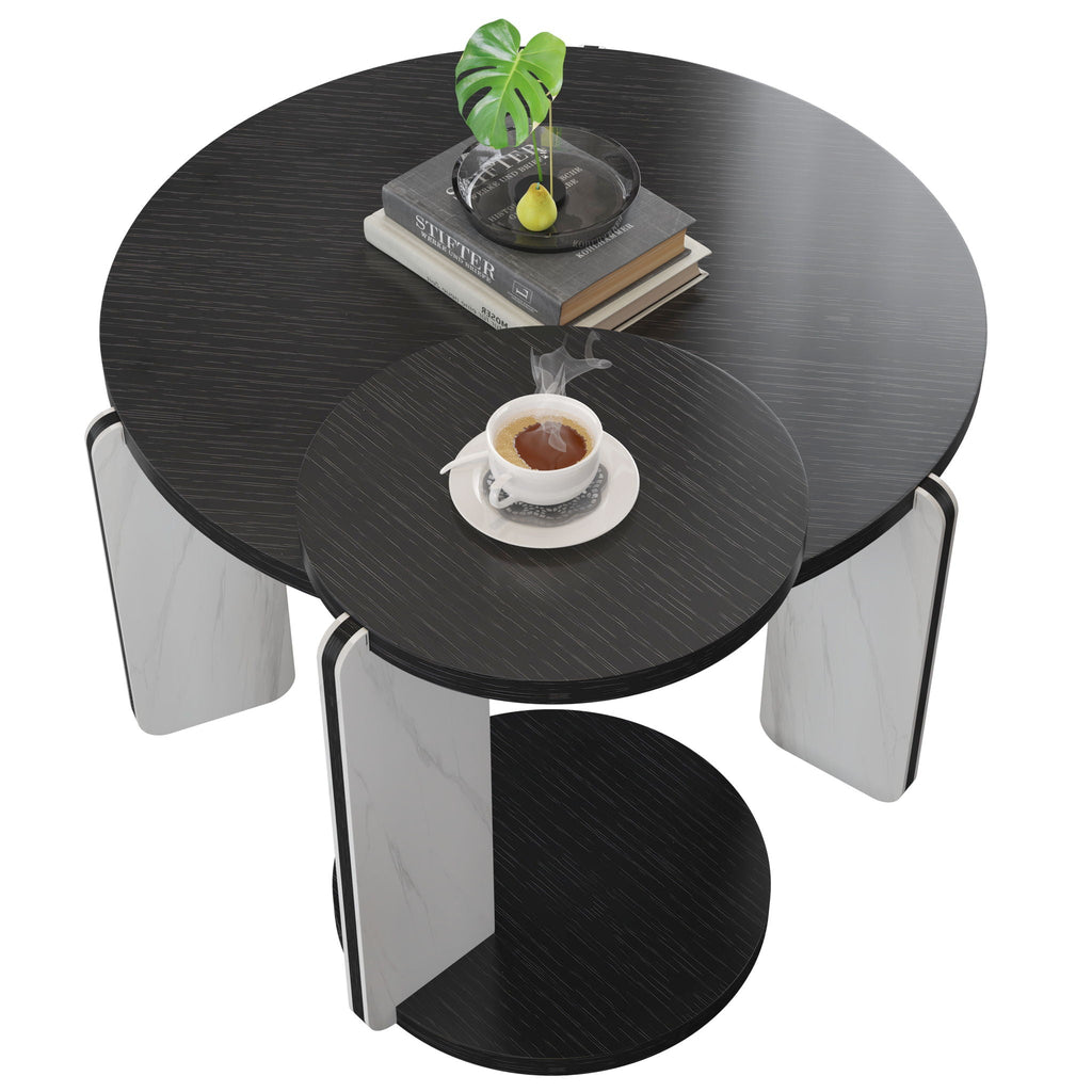 Round Coffee & End Table Set with Sintered Stone Legs - Black