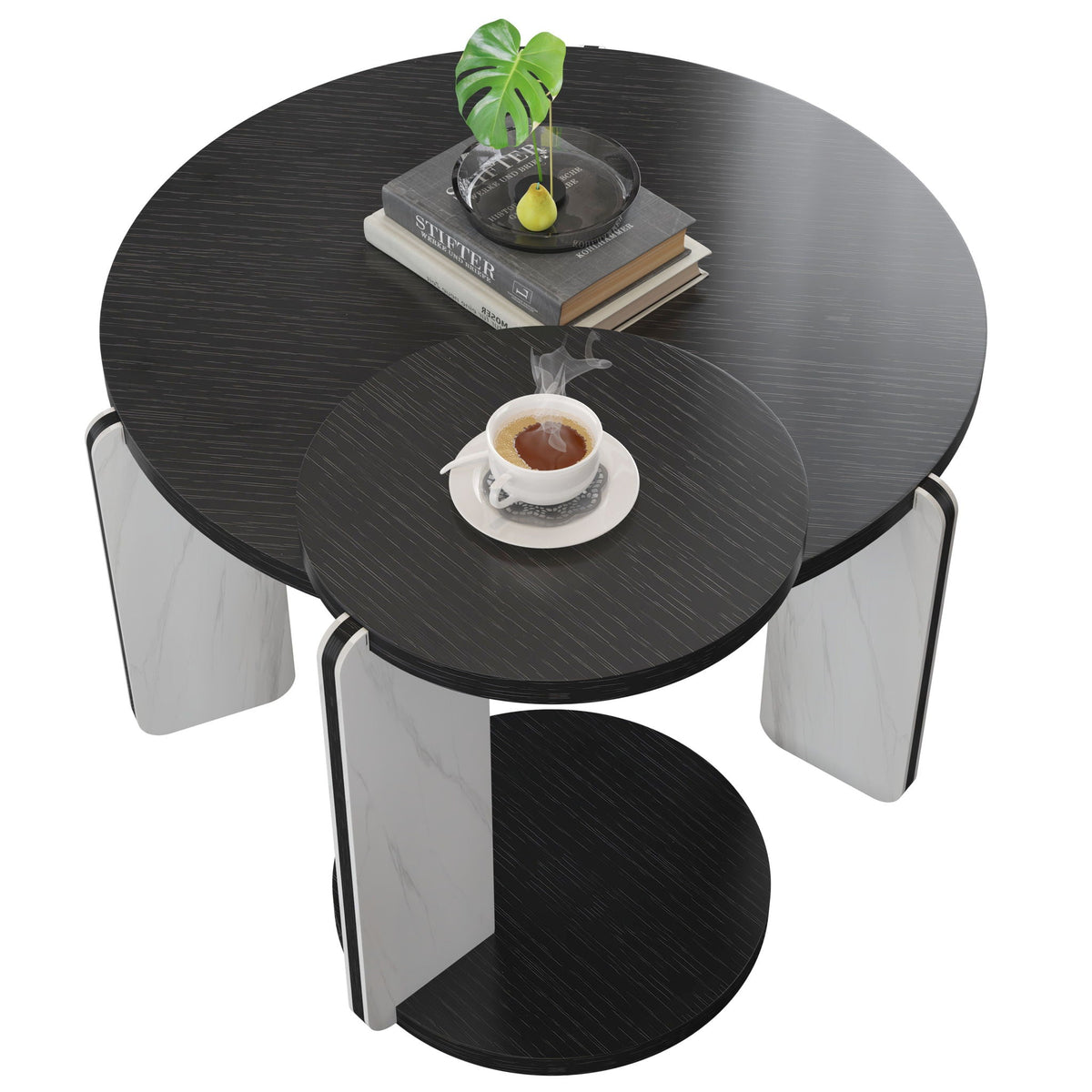 Round Coffee & End Table Set with Sintered Stone Legs - Black