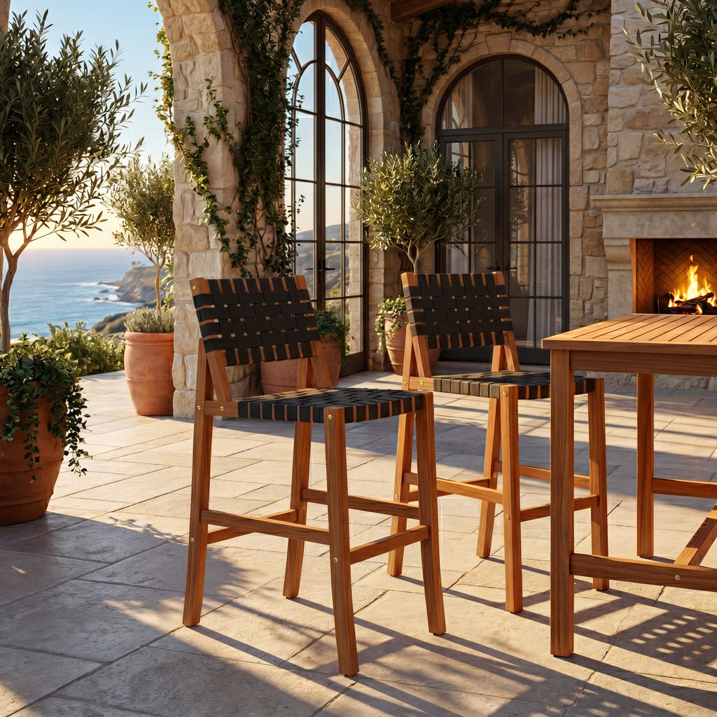 30.5" Seat Height Outdoor Acacia Side Chair with Woven Strap – Teak + Black or Teak + Beige
