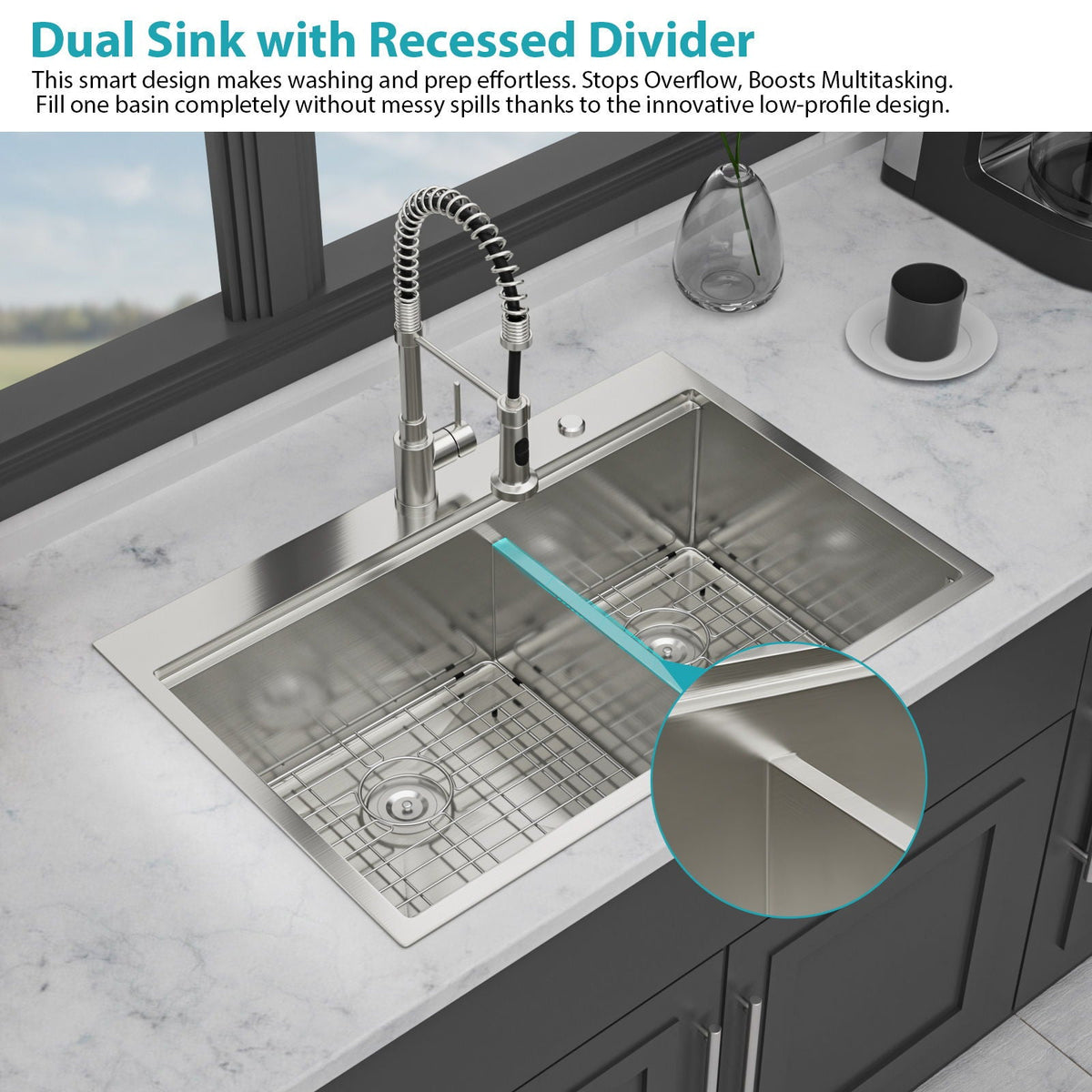Double Bowl Stainless Steel Kitchen Sink with Workstation Ledges - Brushed Nickel
