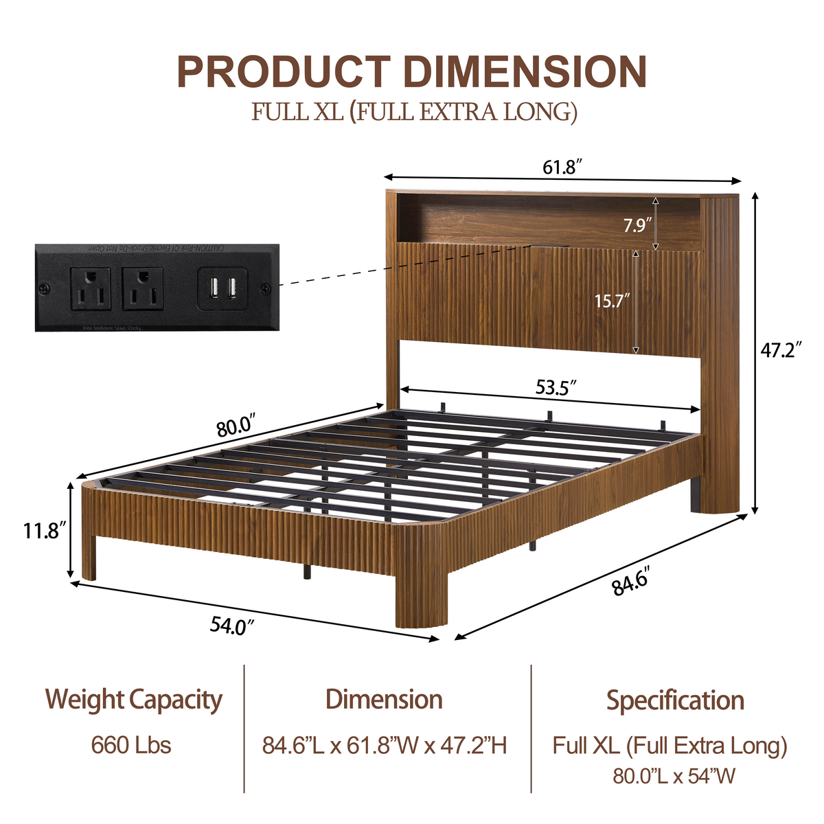 Full Extra Long Bed Frame with Storage Headboard and Built-in Charging Station - Walnut or Natural