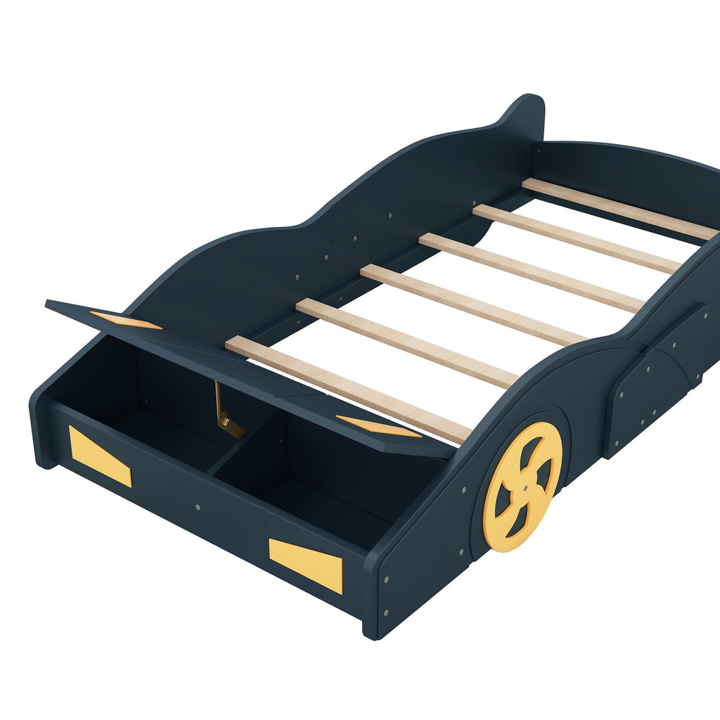 Race Car Platform Bed with Storage and Wheels - Black or Blue