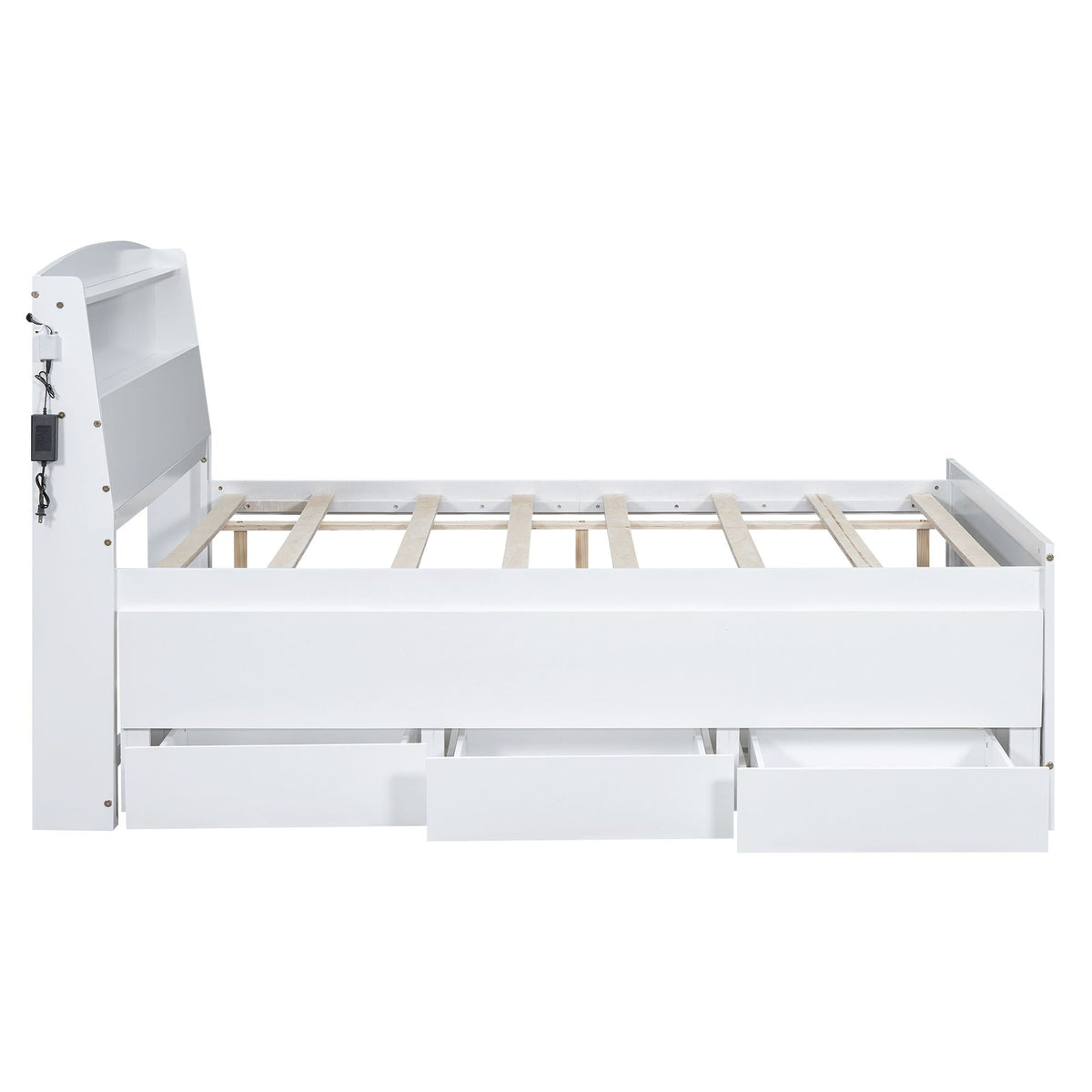 Full Size Platform Bed with Storage LED Headboard and Twin Trundle - White