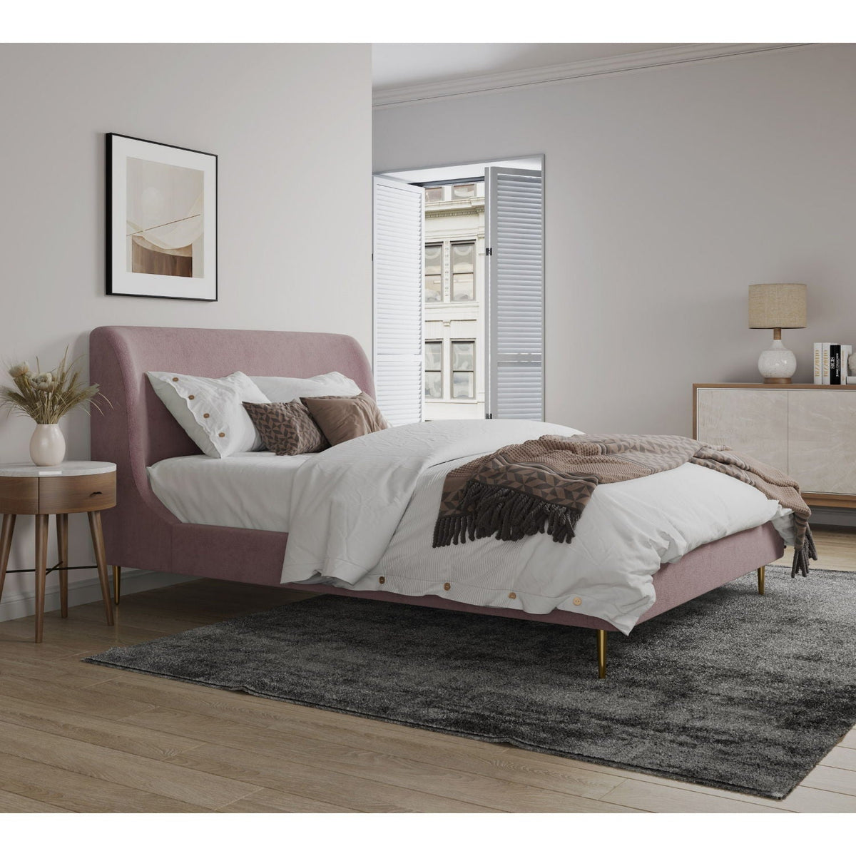 Heather Upholstered Bed with Curved Headboard - Multiple Colors