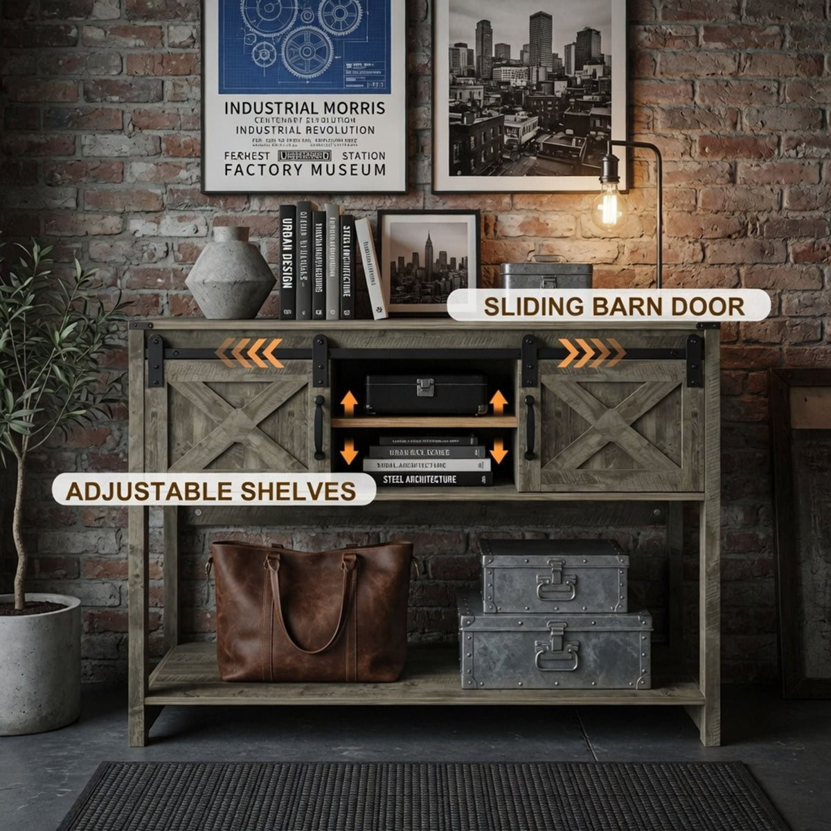 Farmhouse Entryway Table with Sliding Barn Door - Gray, Dark Gray, White, Black