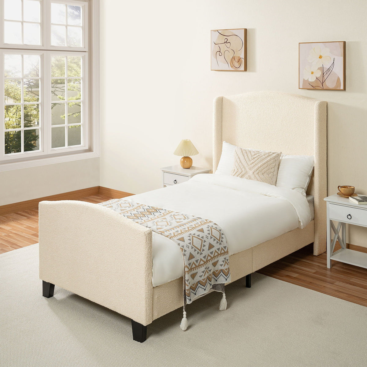 Platform Bed Frame with Tall Headboard and High Footboard - White or Gray