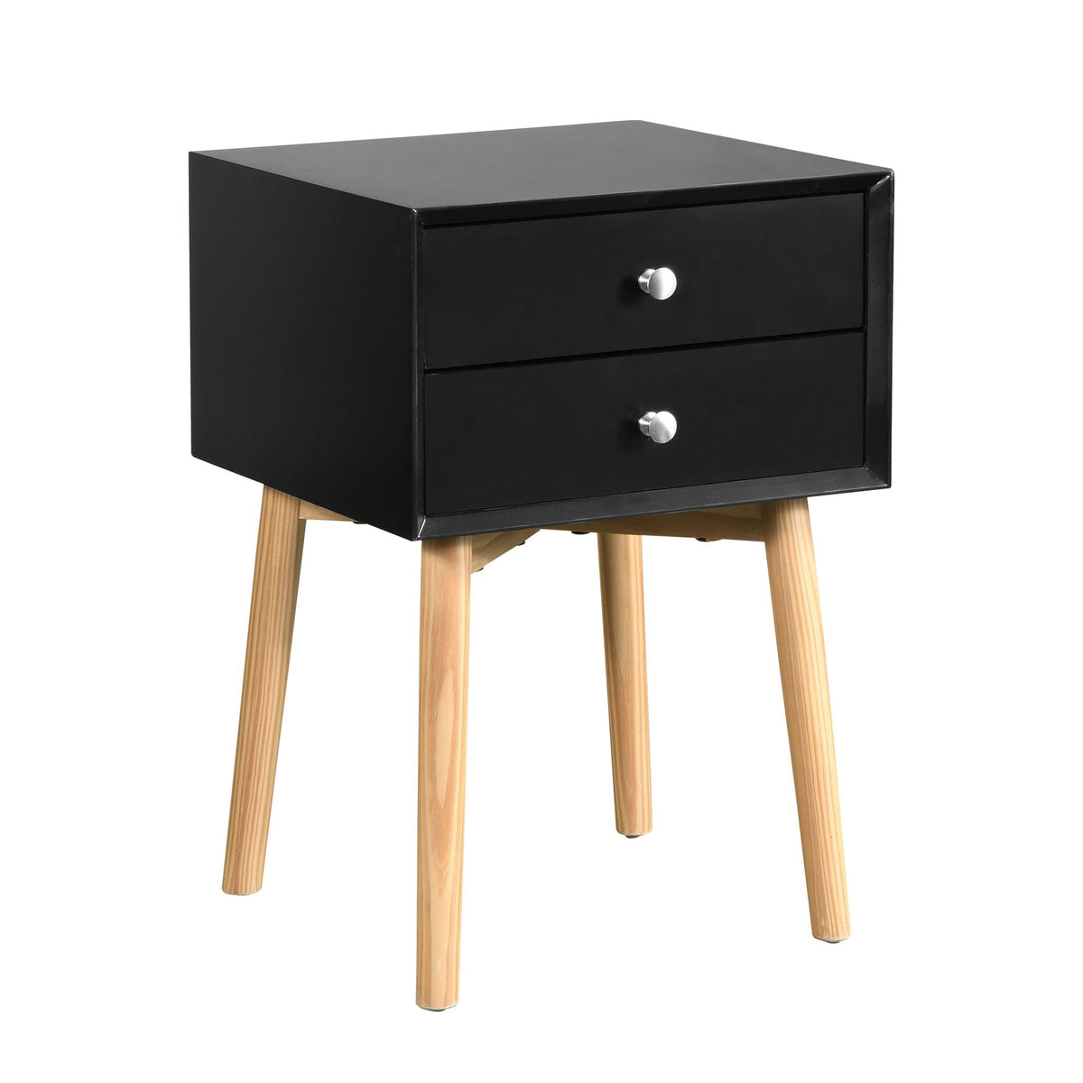Mid-Century Modern 2-Drawer Accent Nightstand with Rubber Wood Legs – Dark Gray or Black