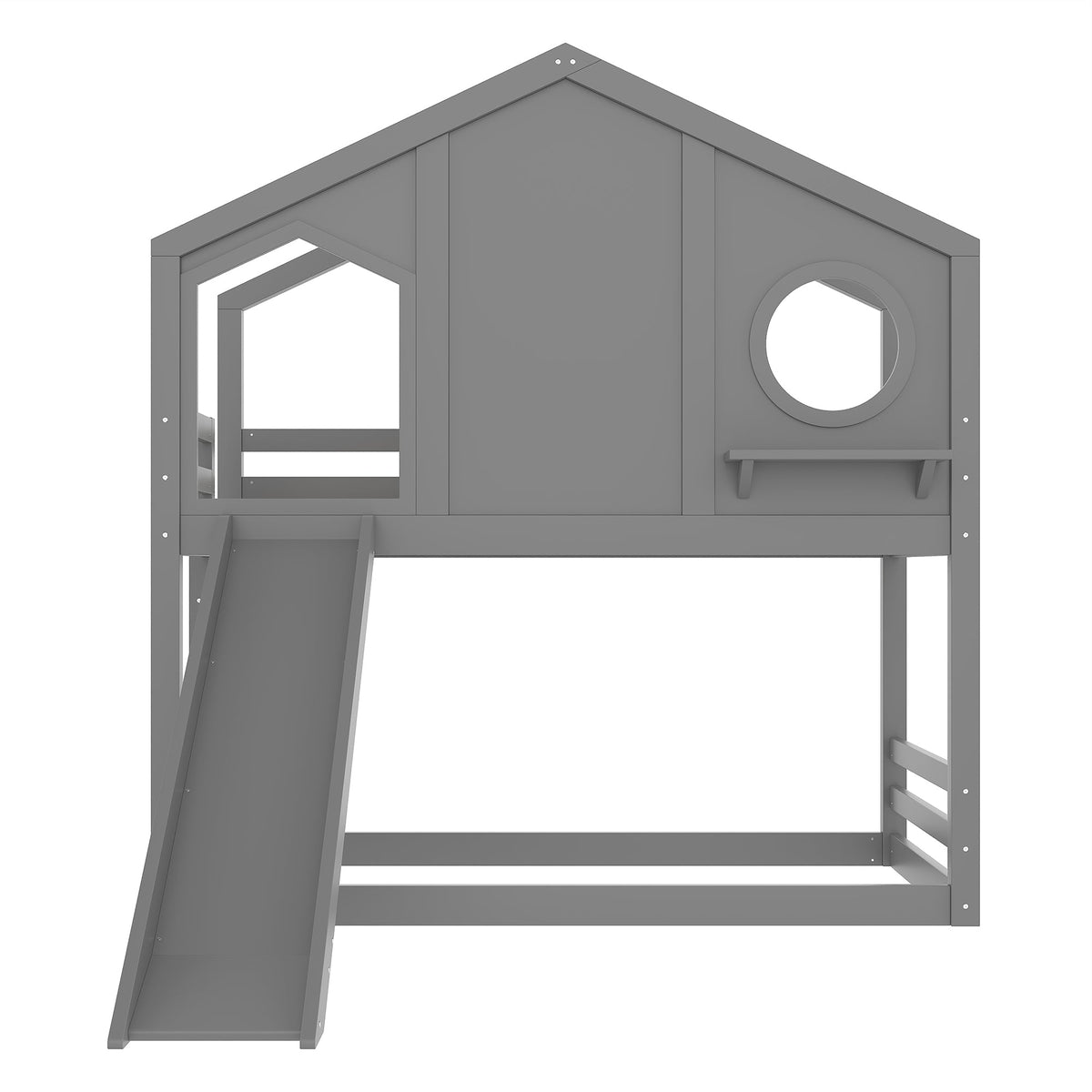 Twin House Bunk Bed with Slide and Storage Shelves - Pine Wood