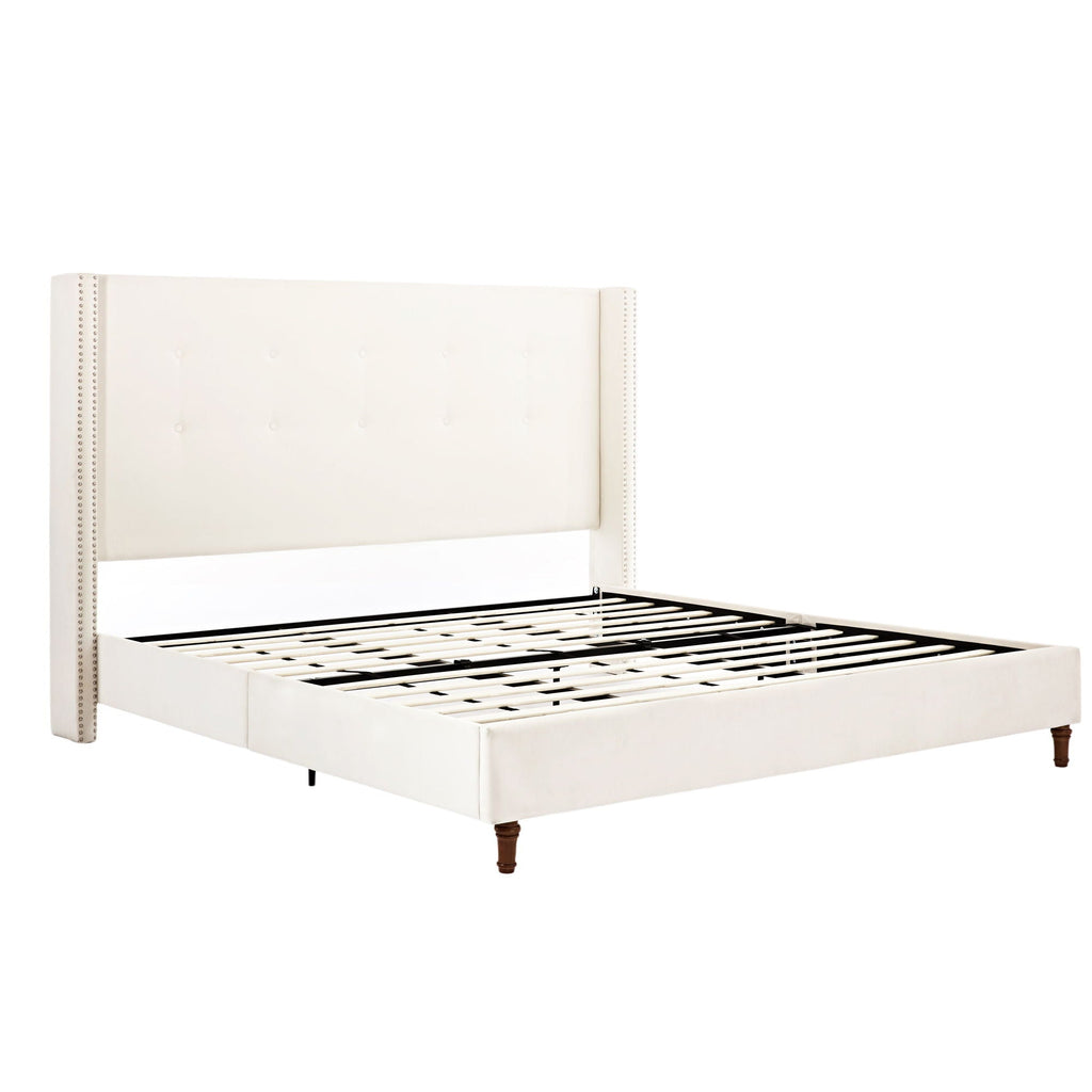 Upholstered Bed with 54" High Headboard and Hand Buttoned Tufting - White or Blue