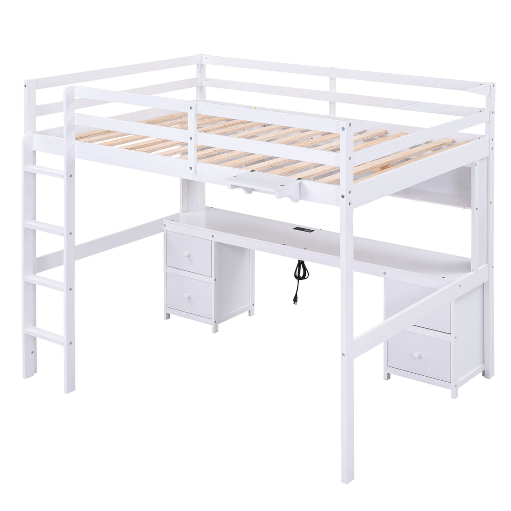 Loft Bed with Desk, Cabinets, Drawers and Charging Station - Full Size