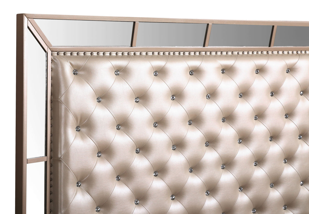Contemporary Panel Bed with Mirrored Accents - Beige or Pearl Silver