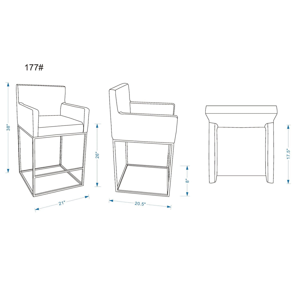 Ambassador Counter Stool with Square Frame and Armrests - Dark Gray or Beige