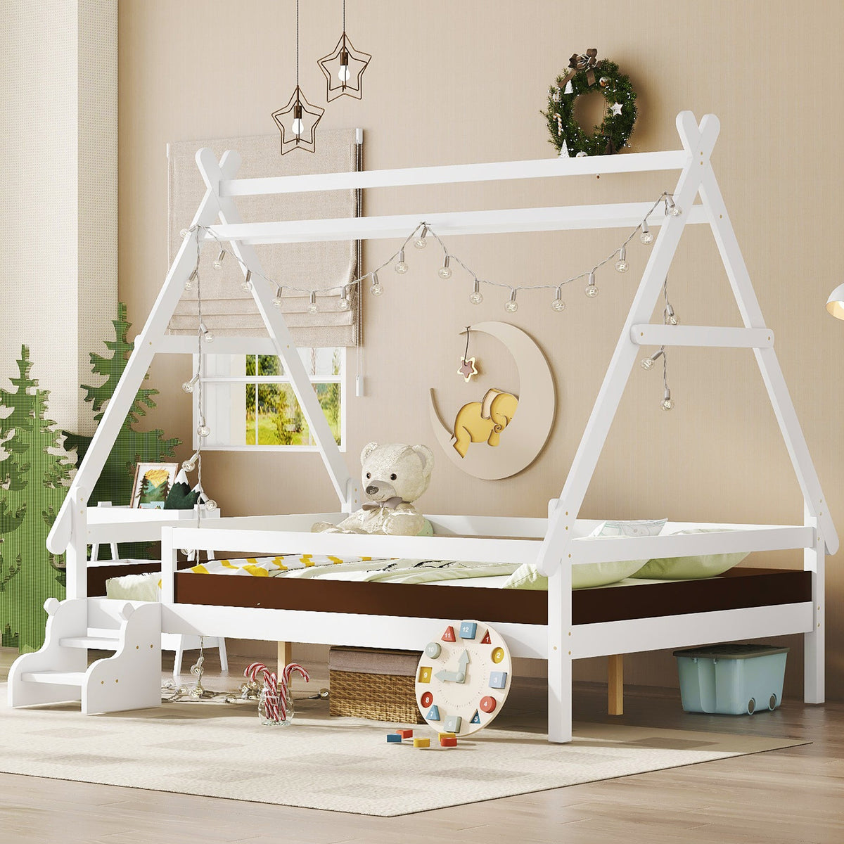 Full House Platform Bed with Stairs - Solid Wood Frame