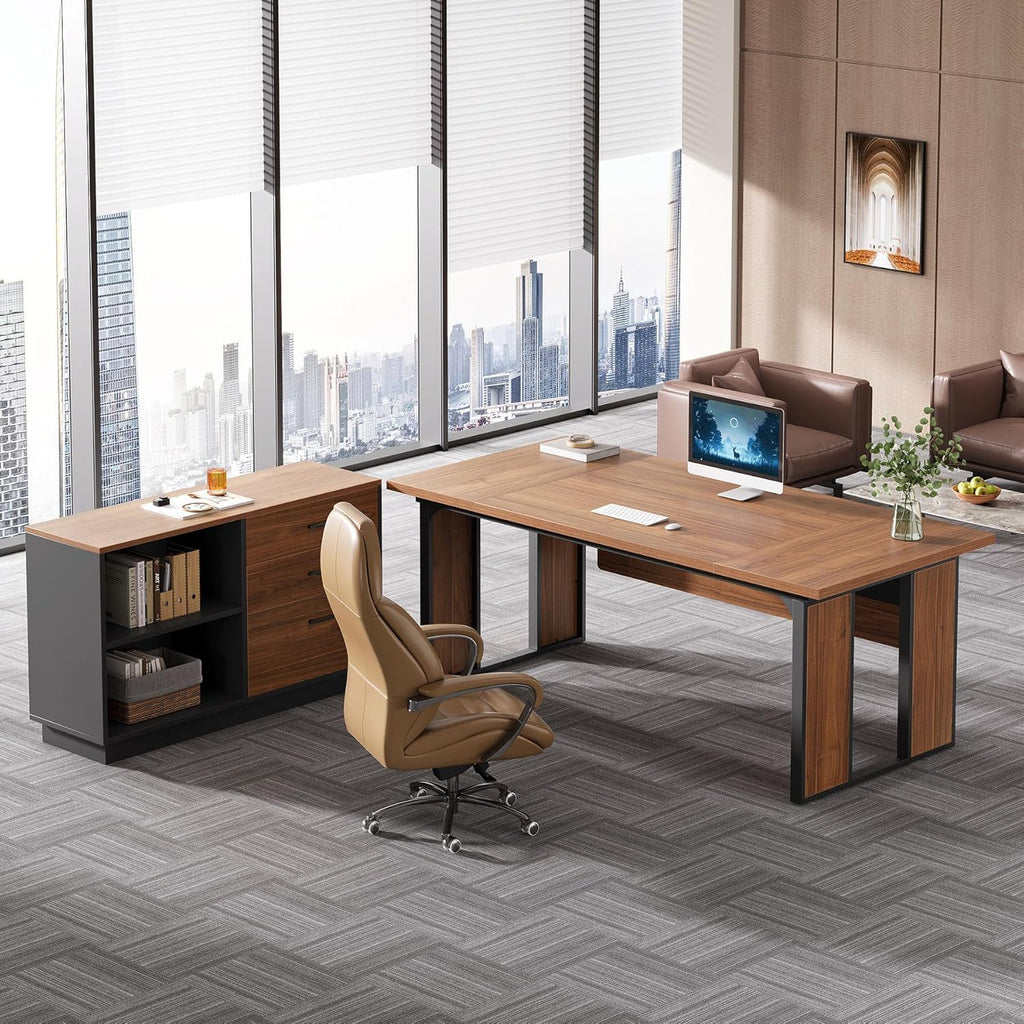 L-Shaped Executive Desk with File Cabinet - Brown / Black