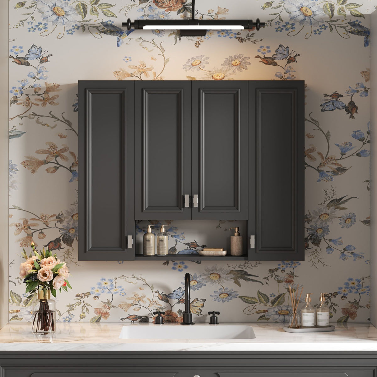 Wall Mounted Bathroom Cabinet With 5 Adjustable Shelves and Soft-Closing Hinges - Gray or Black