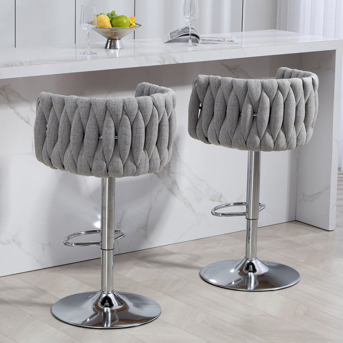 Adjustable Gray Counter Stools with 360° Swivel & Woven Back - Set of 2