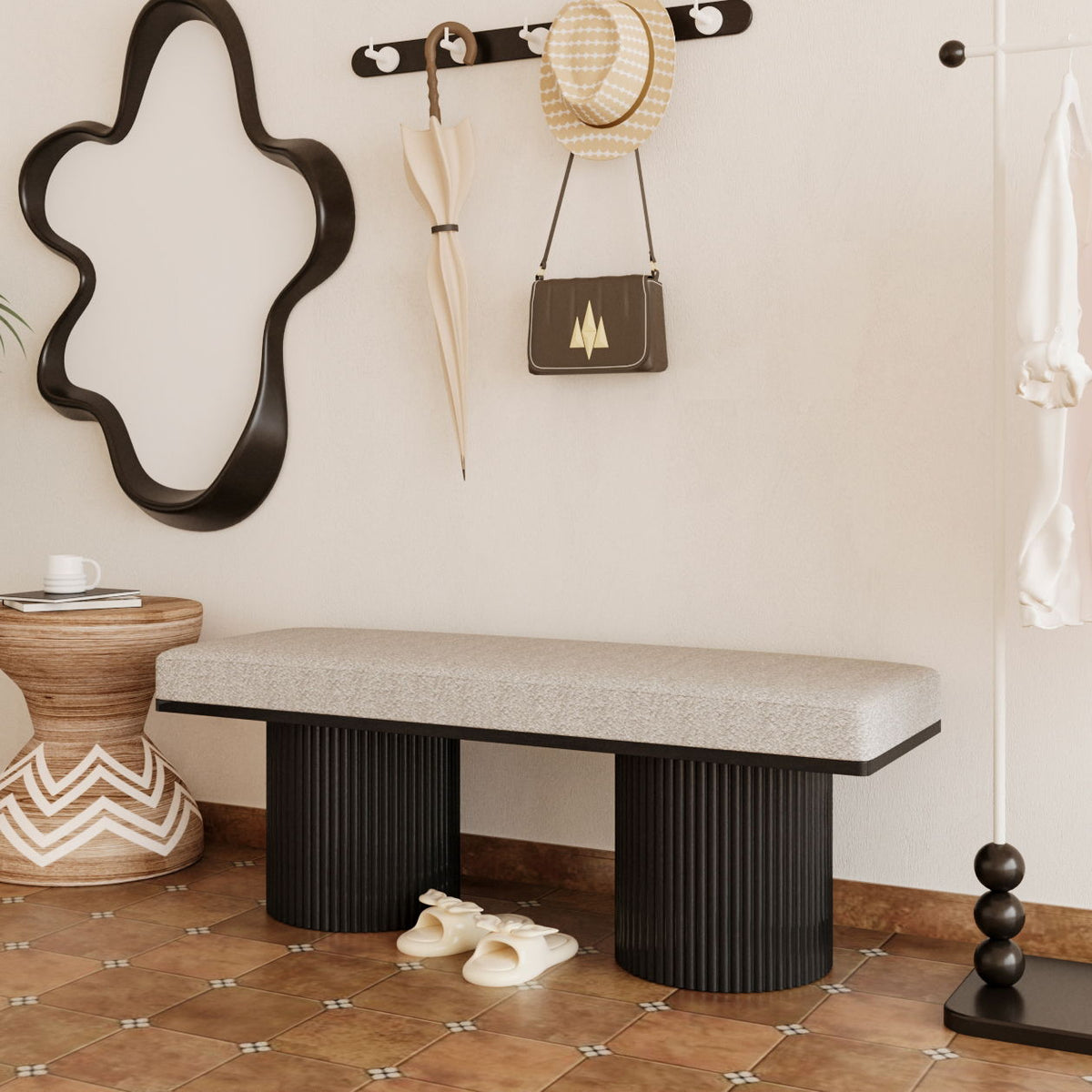Boucle Upholstered Bench with Chunky Black Legs - Light Gray