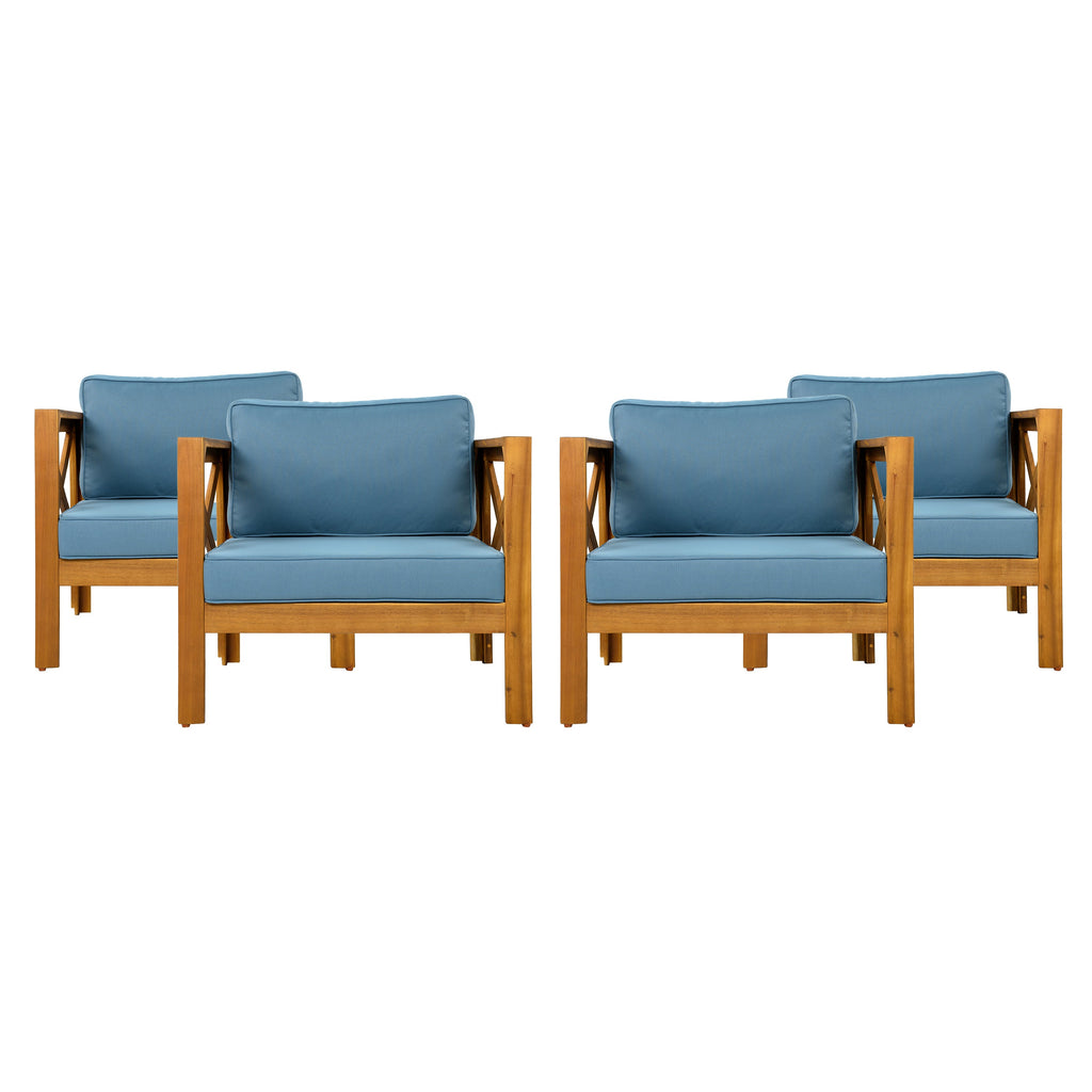 Patio Conversation Set with Cushions and Foldable Side Table - Blue/Teak