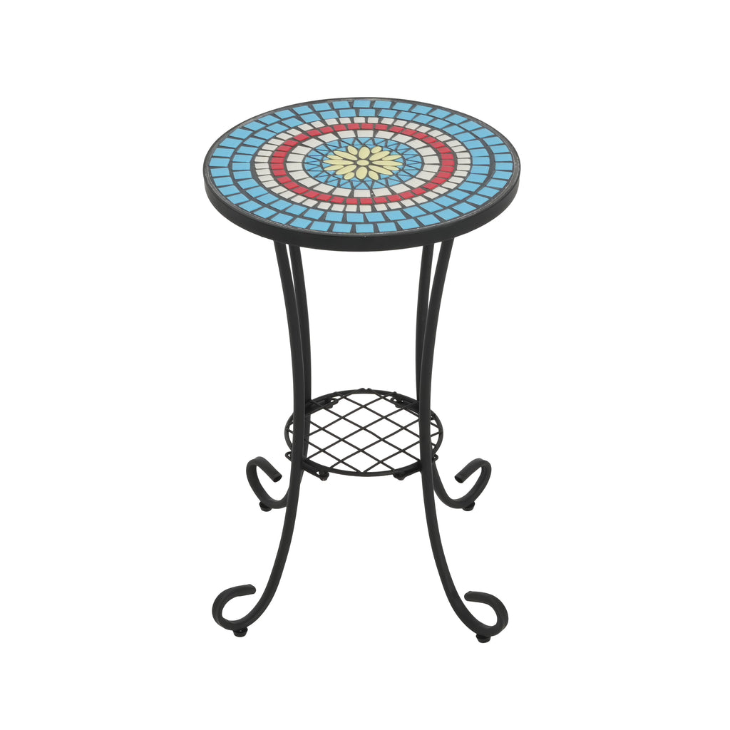 Patio Side Table with Shelf, Ceramic Top - Blue and Black