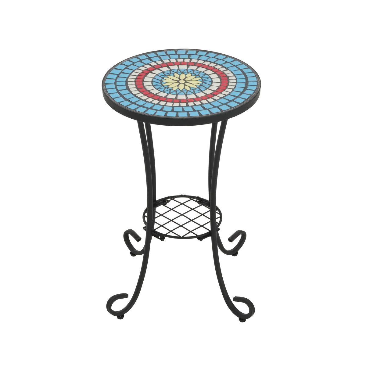 Patio Side Table with Shelf, Ceramic Top - Blue and Black