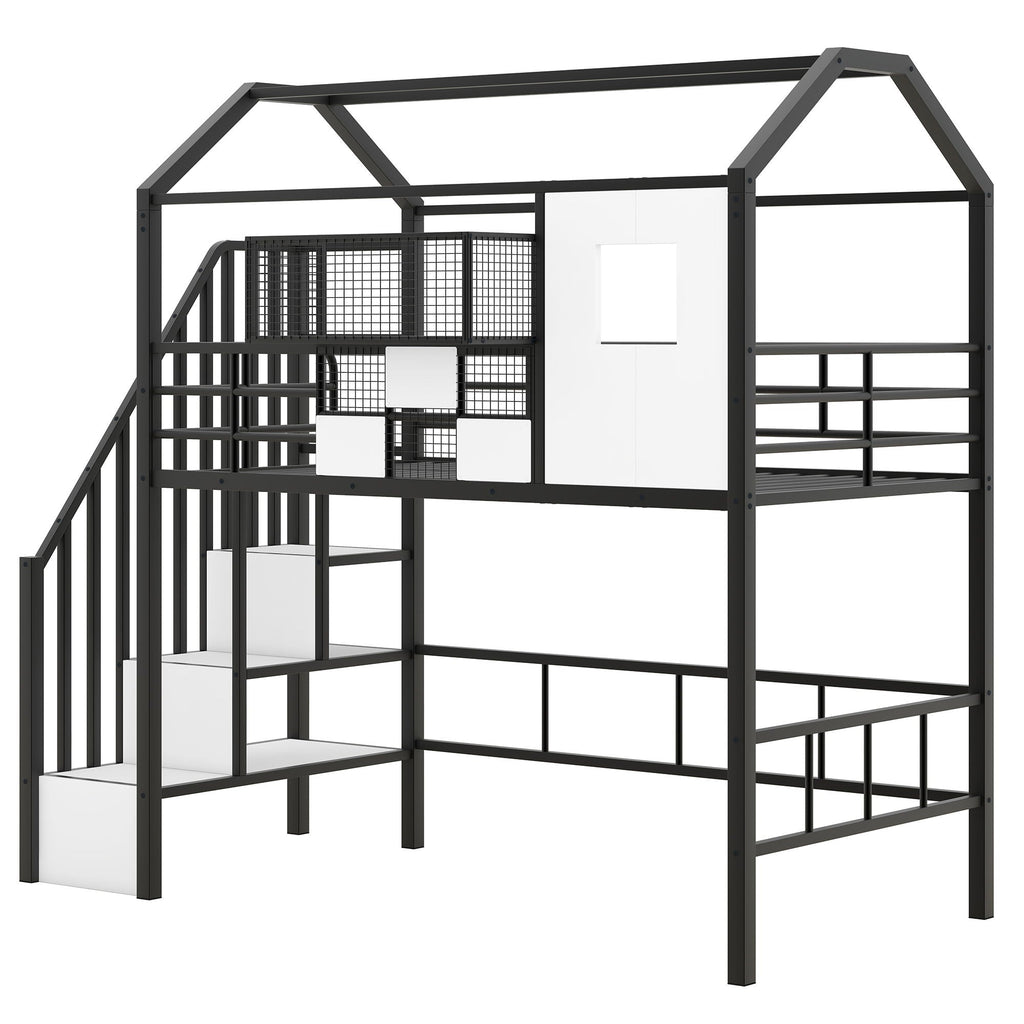 Metal Loft Bed With Roof Design and Storage Box with Guardrails and Integrated Ladder - Twin