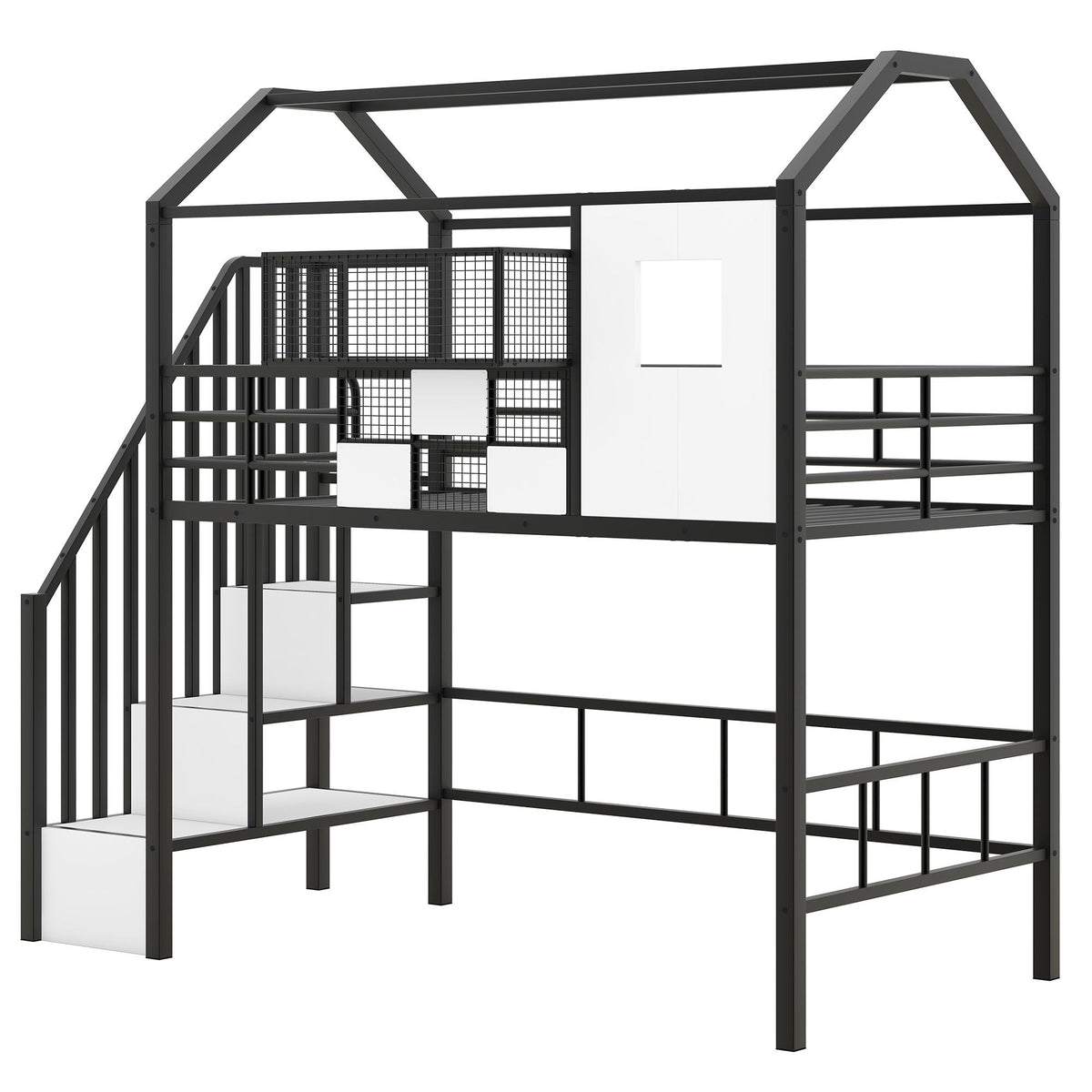 Metal Loft Bed With Roof Design and Storage Box with Guardrails and Integrated Ladder - Twin