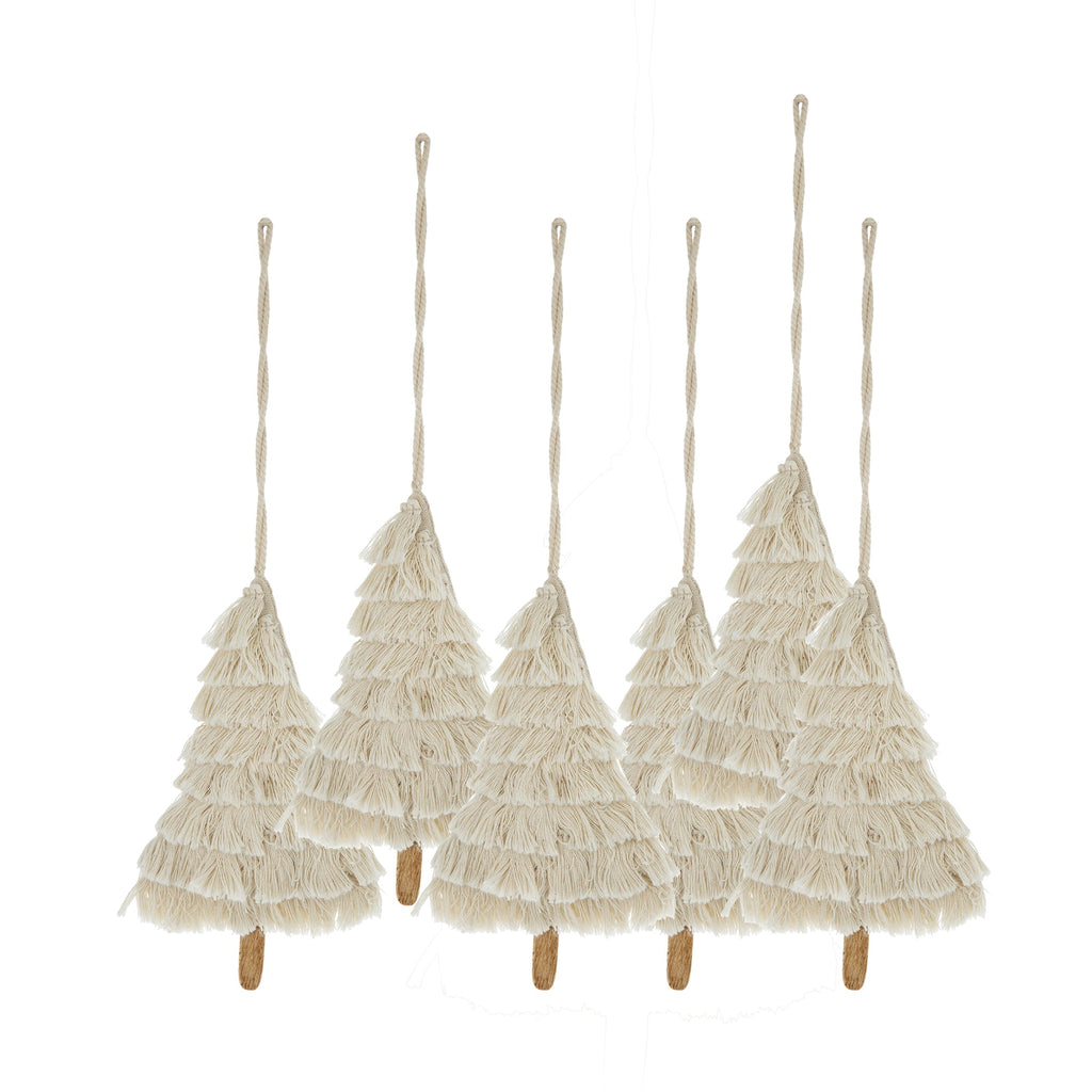 Fringes Embellished Tree Shape Ornament Set of 6 with Cotton Fringe - Natural
