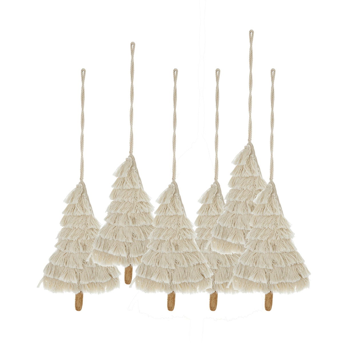 Fringes Embellished Tree Shape Ornament Set of 6 with Cotton Fringe - Natural