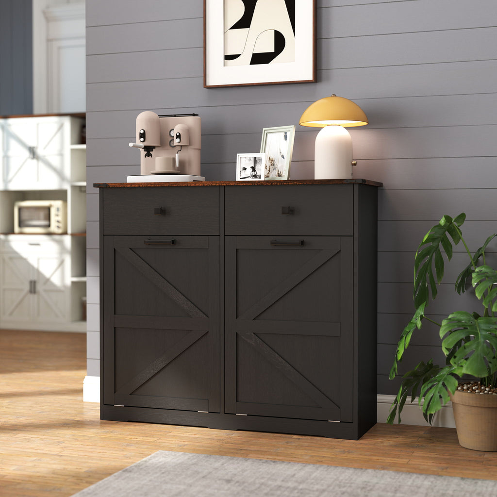 Double Tilt Out Trash Cabinet with Hideaway Drawer - Barn Door Style