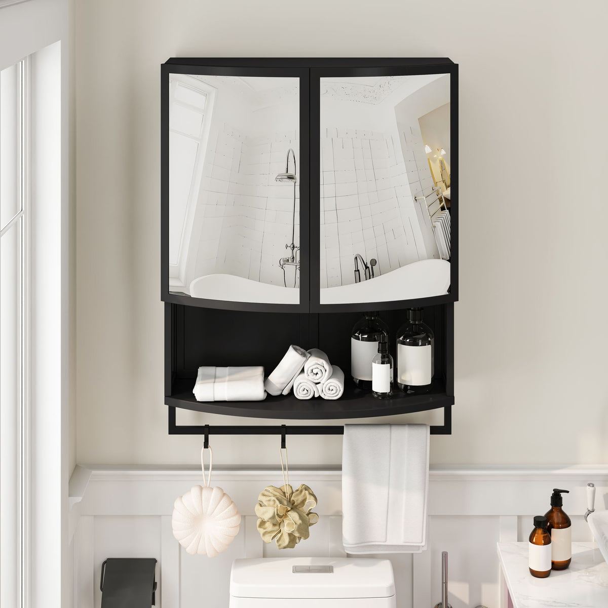 Arched Glass Double Door Wardrobe with Shatterproof Mirror - Black or White