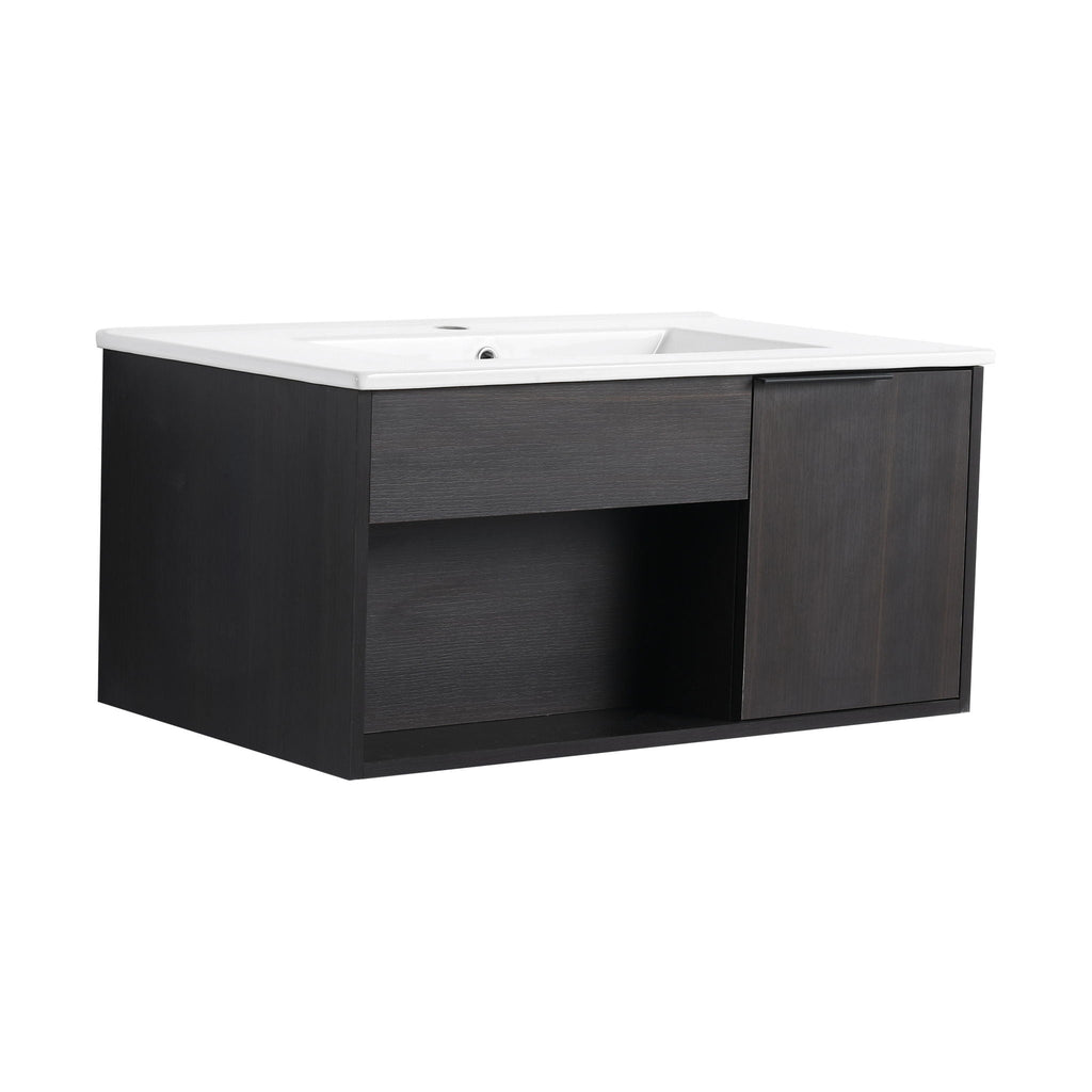 Wall Mounted Floating Bathroom Vanity with Open Shelf & Soft Close Door - Dark Brown