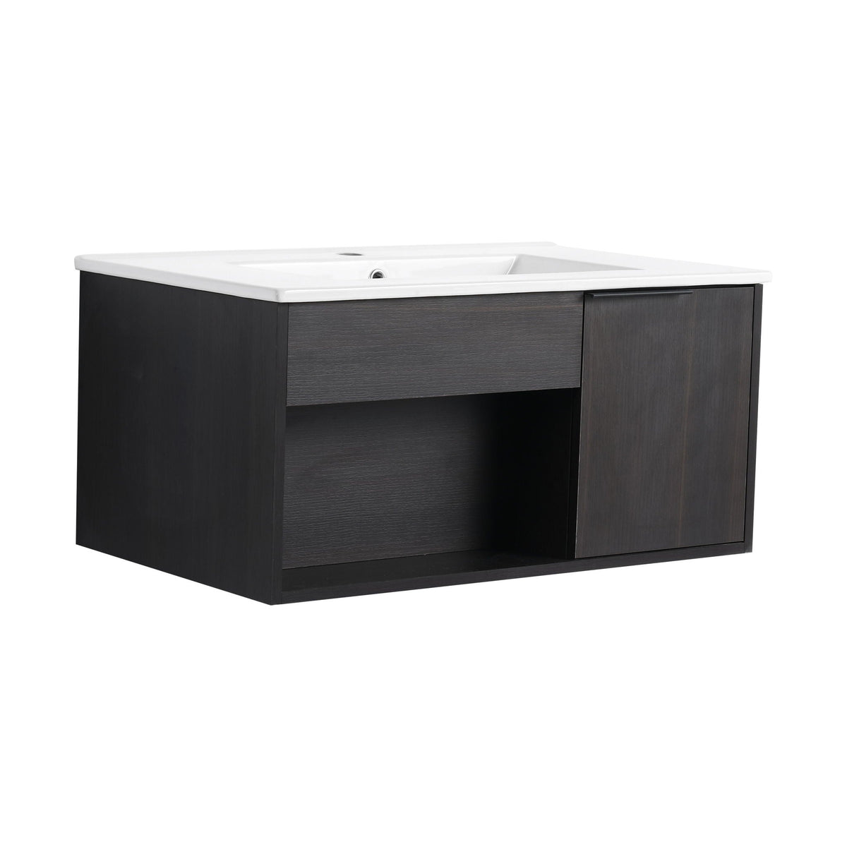 Wall Mounted Floating Bathroom Vanity with Open Shelf & Soft Close Door - Dark Brown