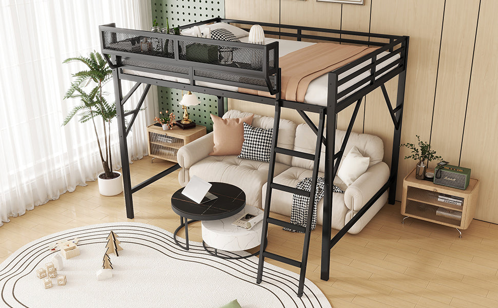 Full Size Loft Bed with Ladder and Storage Shelves - Black Metal