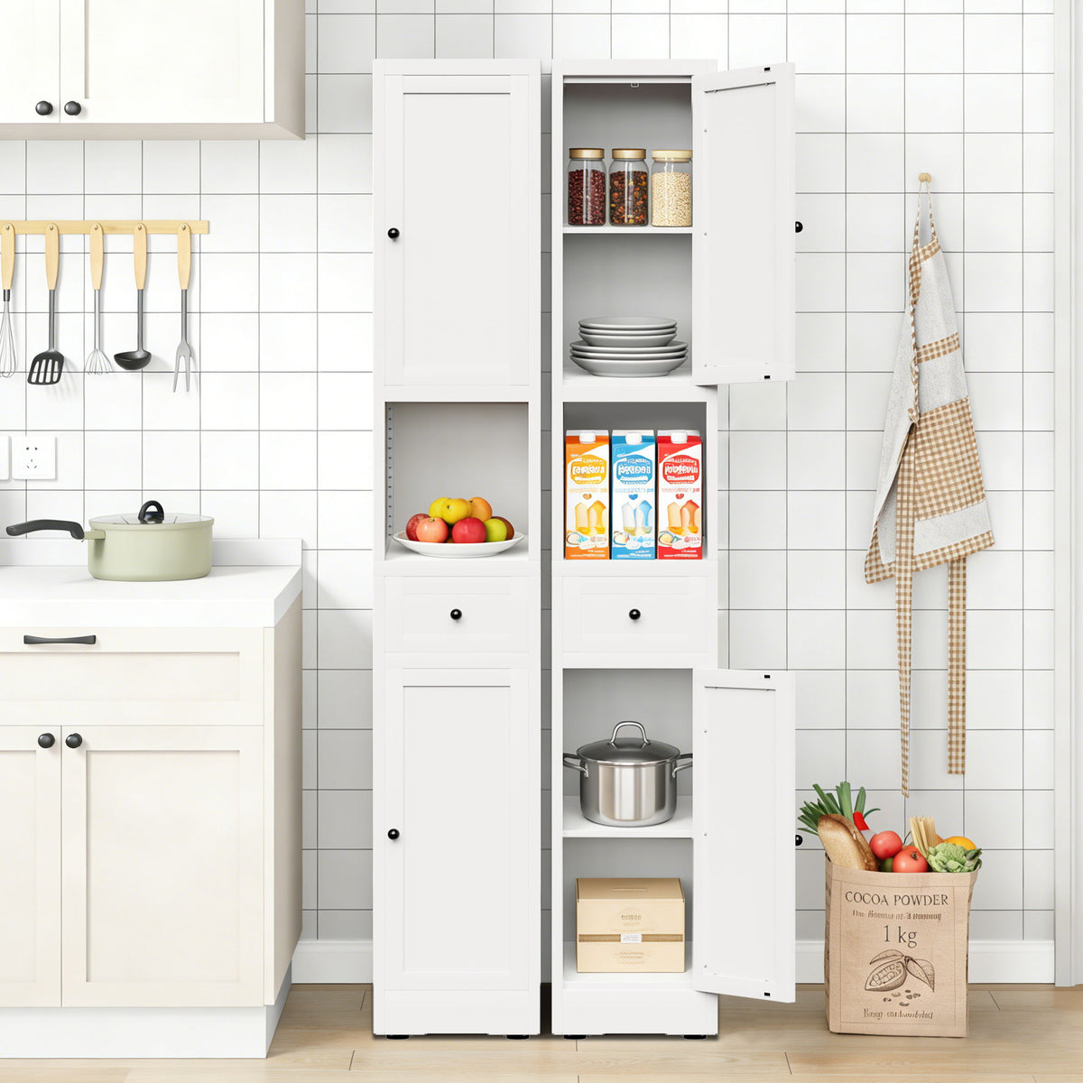 Tall Bathroom Storage Cabinet with Adjustable Shelves - White Steel