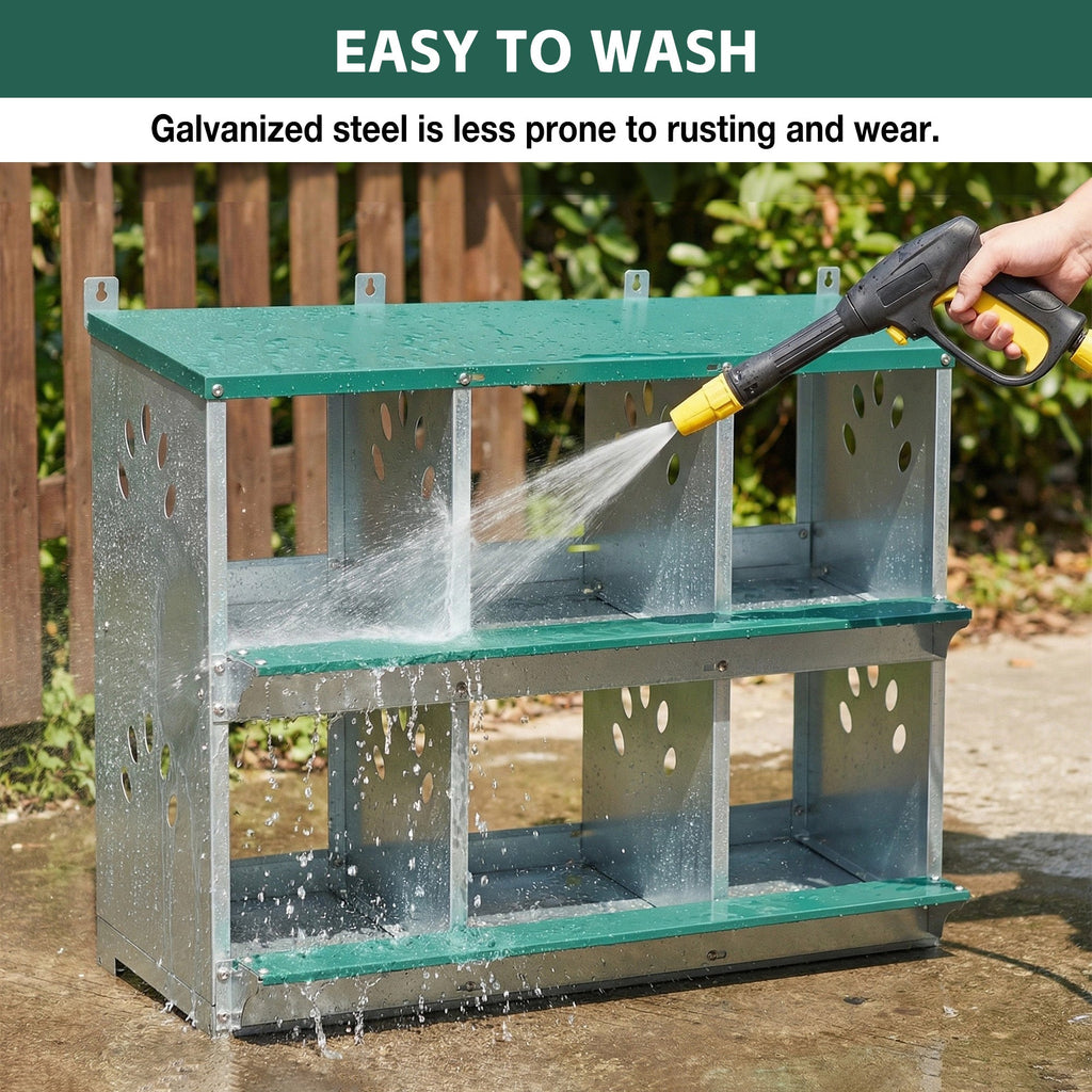 6 Room Metal Chicken Nesting Box with Galvanized Steel Construction - Green