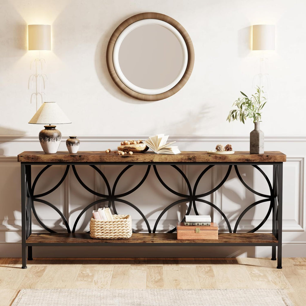Extra Long Console Table with Open Storage Shelves - Dark Gray or Dark Brown