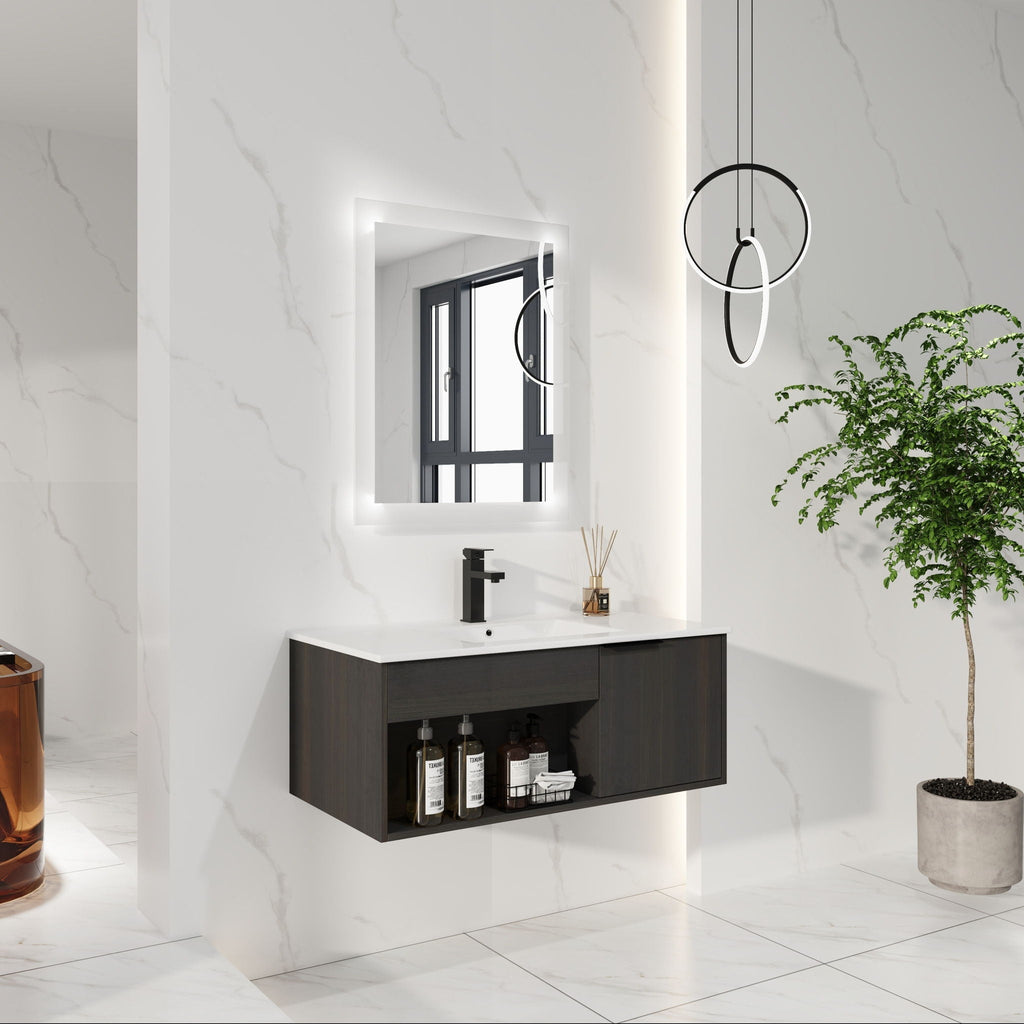 Wall Mounted Floating Bathroom Vanity with Open Shelf & Soft Close Door - Dark Brown