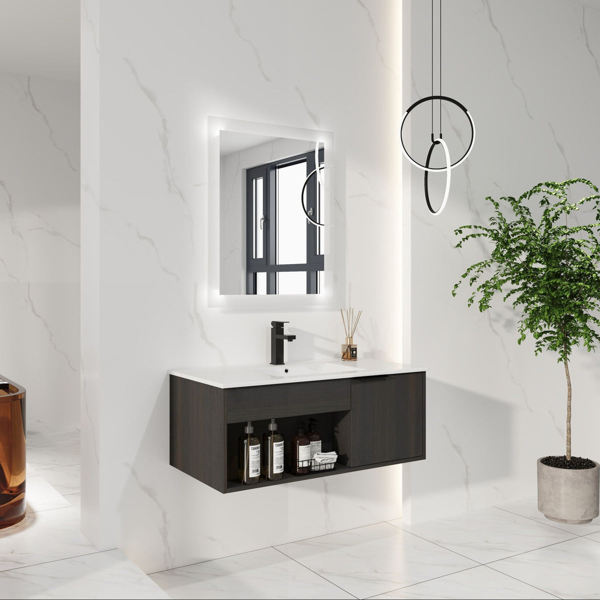Wall Mounted Floating Bathroom Vanity with Open Shelf & Soft Close Door - Dark Brown
