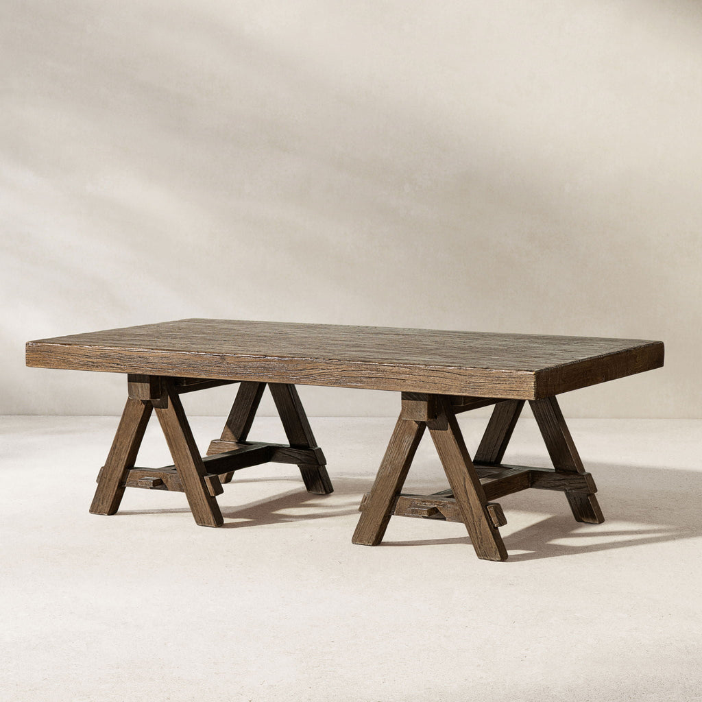 Trestle Coffee Table with Solid Reclaimed Elm Construction - Dark or Light Brown