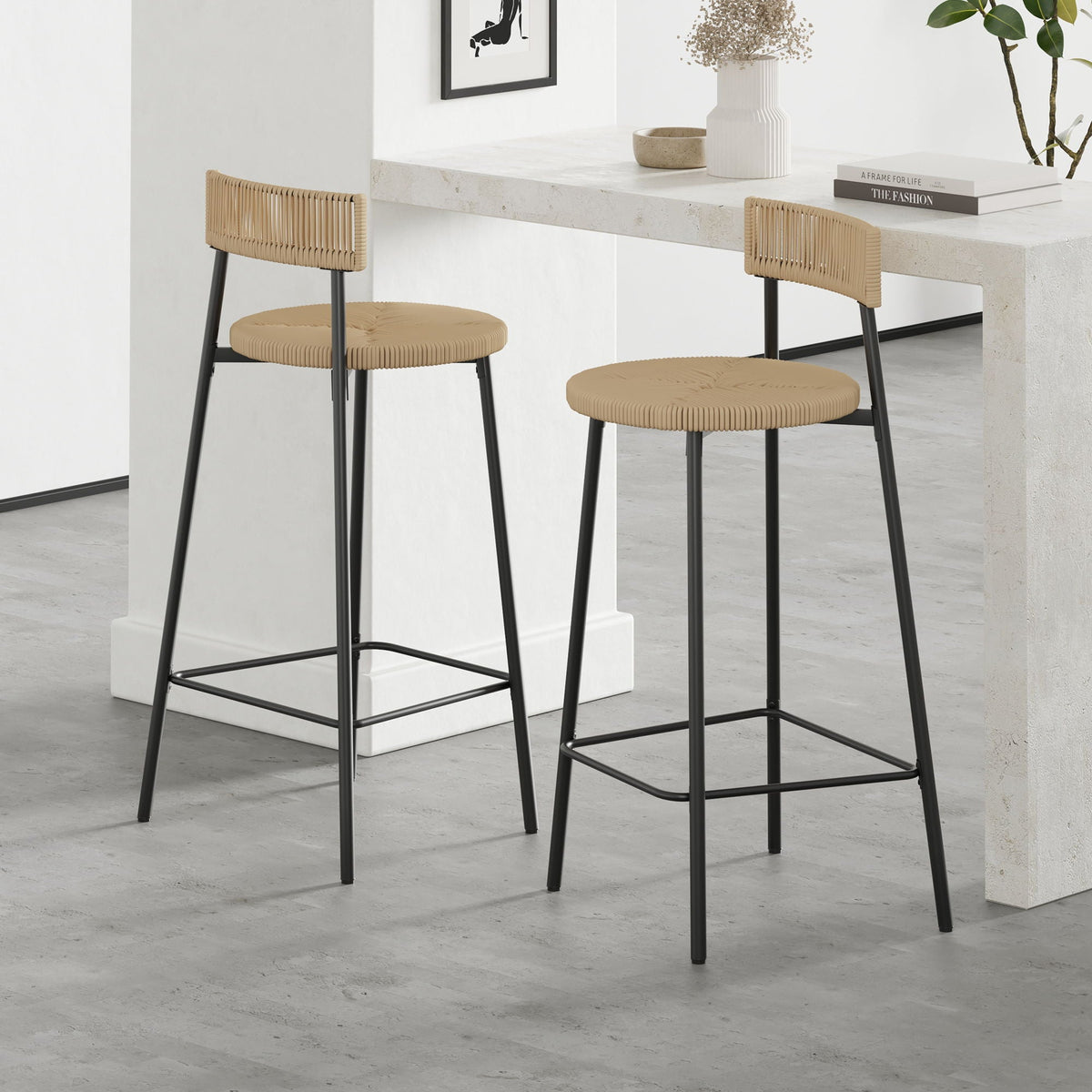 Boho Style Handwoven Paper Rope Counter Stools with Rubber Wood Frame - Light Brown or Beige