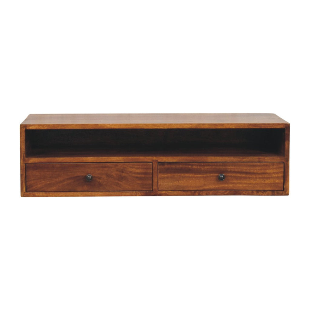 Solid Wood Lunar Wall-Mounted Media Unit with 2 Drawers - Chestnut