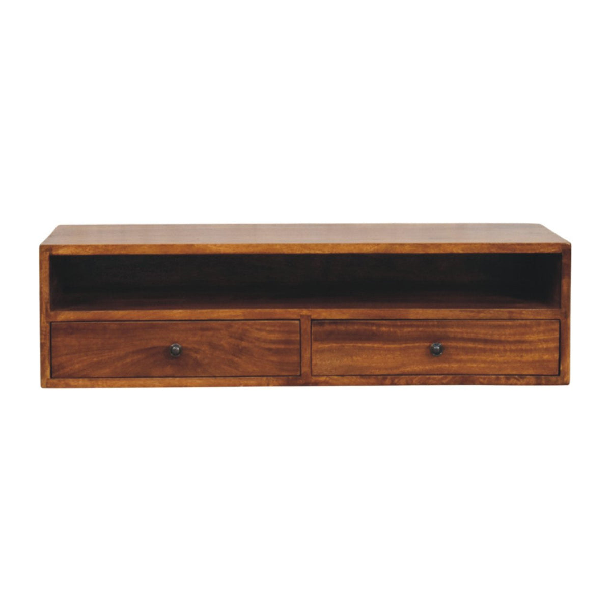 Solid Wood Lunar Wall-Mounted Media Unit with 2 Drawers - Chestnut